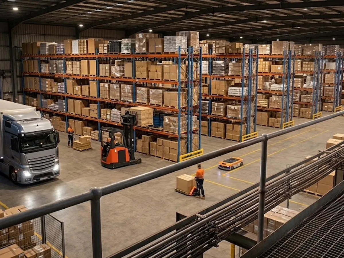 Warehouse with stocked racking, a forklift and a truck at the loading dock