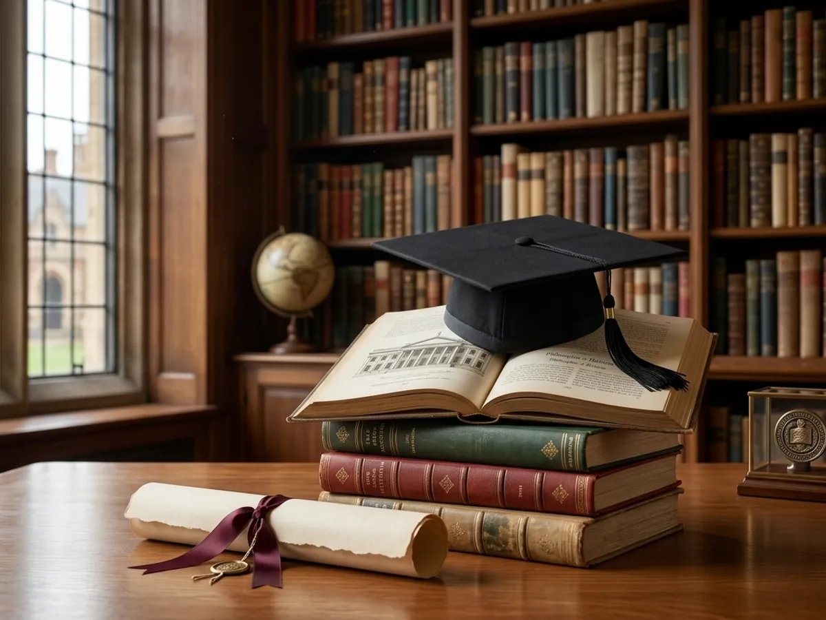 Graduation cap on a stack of books in a university library