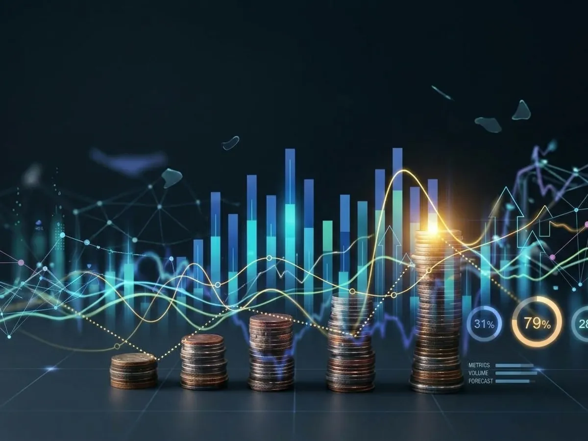 Stacks of coins in front of glowing financial charts
