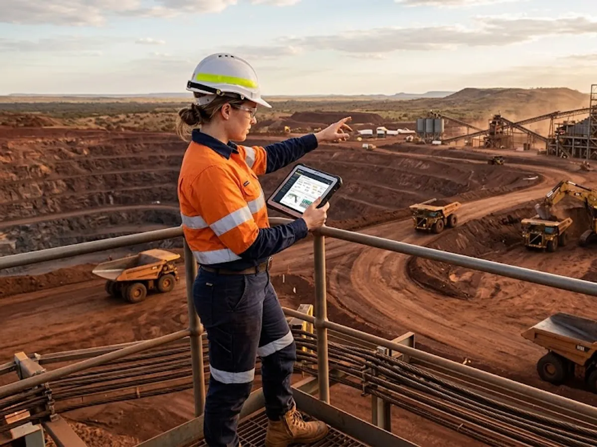 Site engineer with a tablet overlooking an open-pit mine and haul trucks