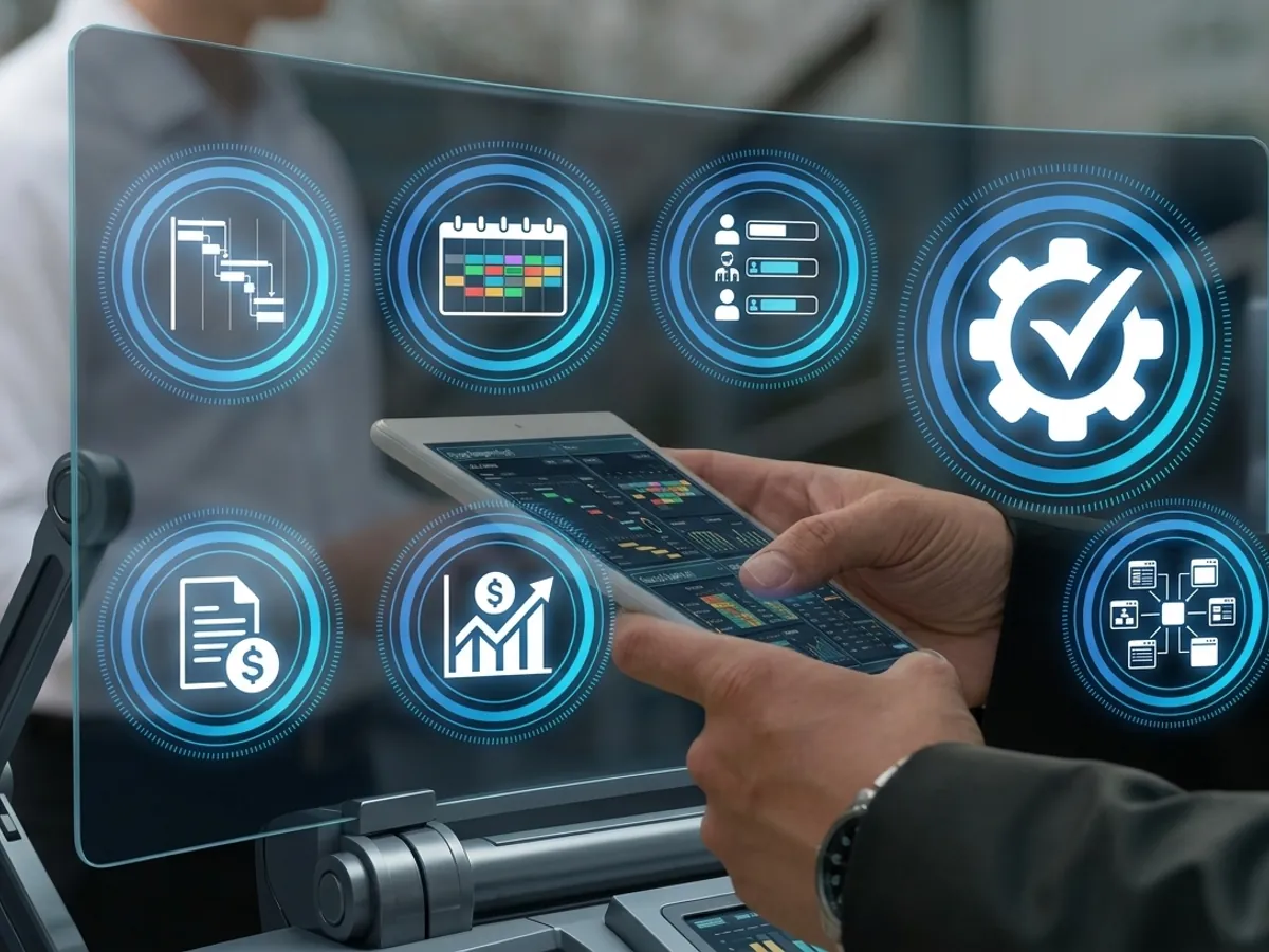 Hands holding a tablet in front of project, scheduling and billing icons