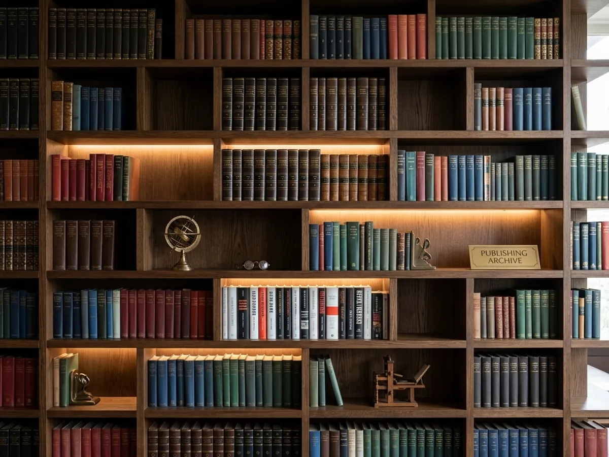 Wooden shelves of books in a publishing archive