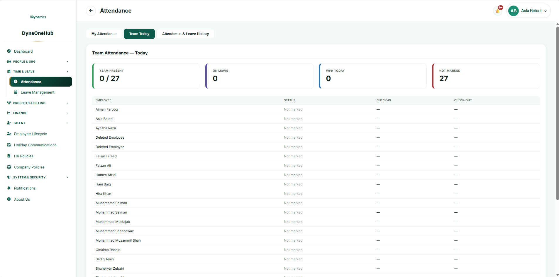 Team attendance workspace showing employee status and check-in information