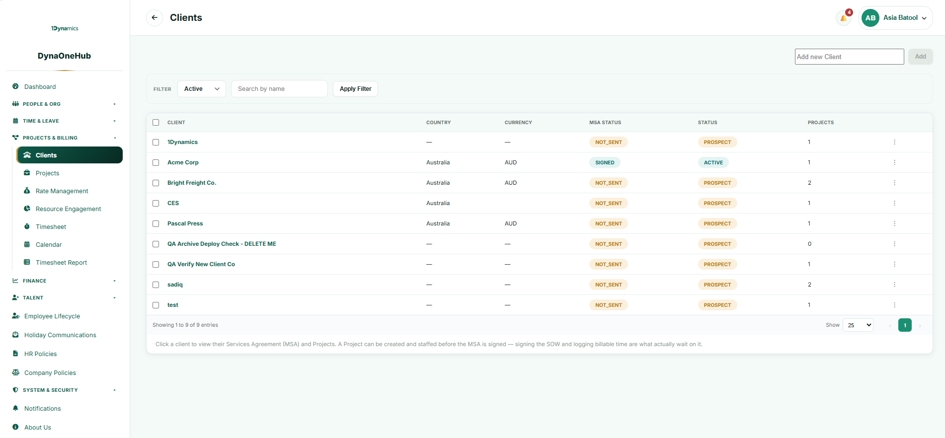 Clients workspace with agreement status and active project information