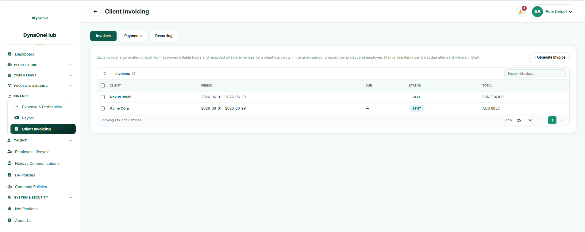 Client invoicing workspace showing invoices, periods and payment status