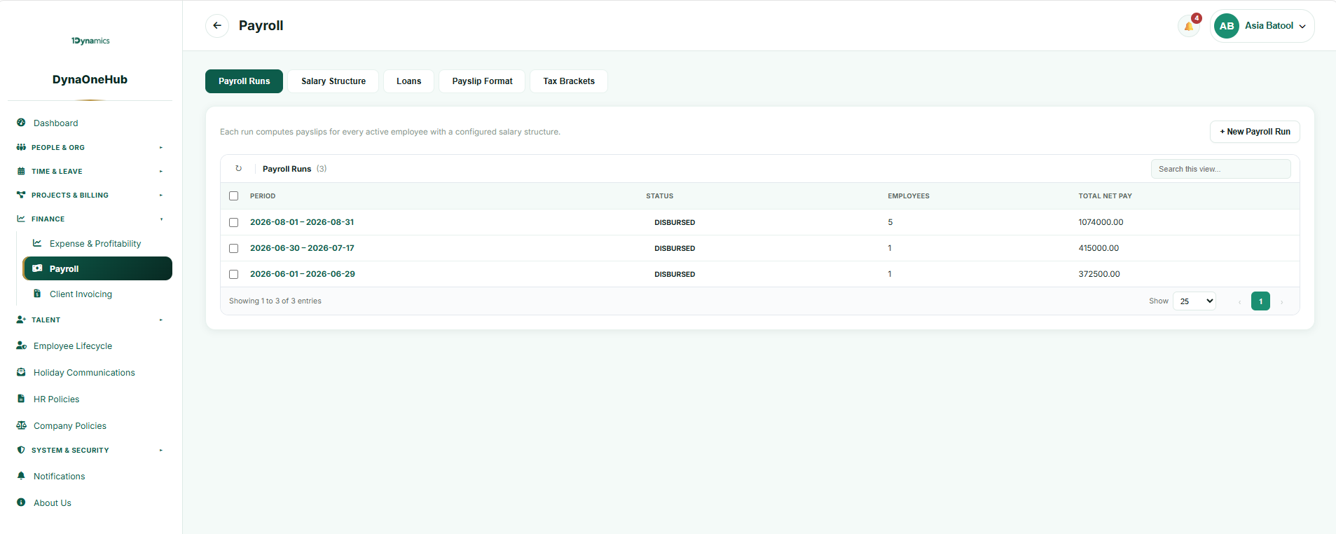 Payroll workspace showing payroll runs and disbursement status