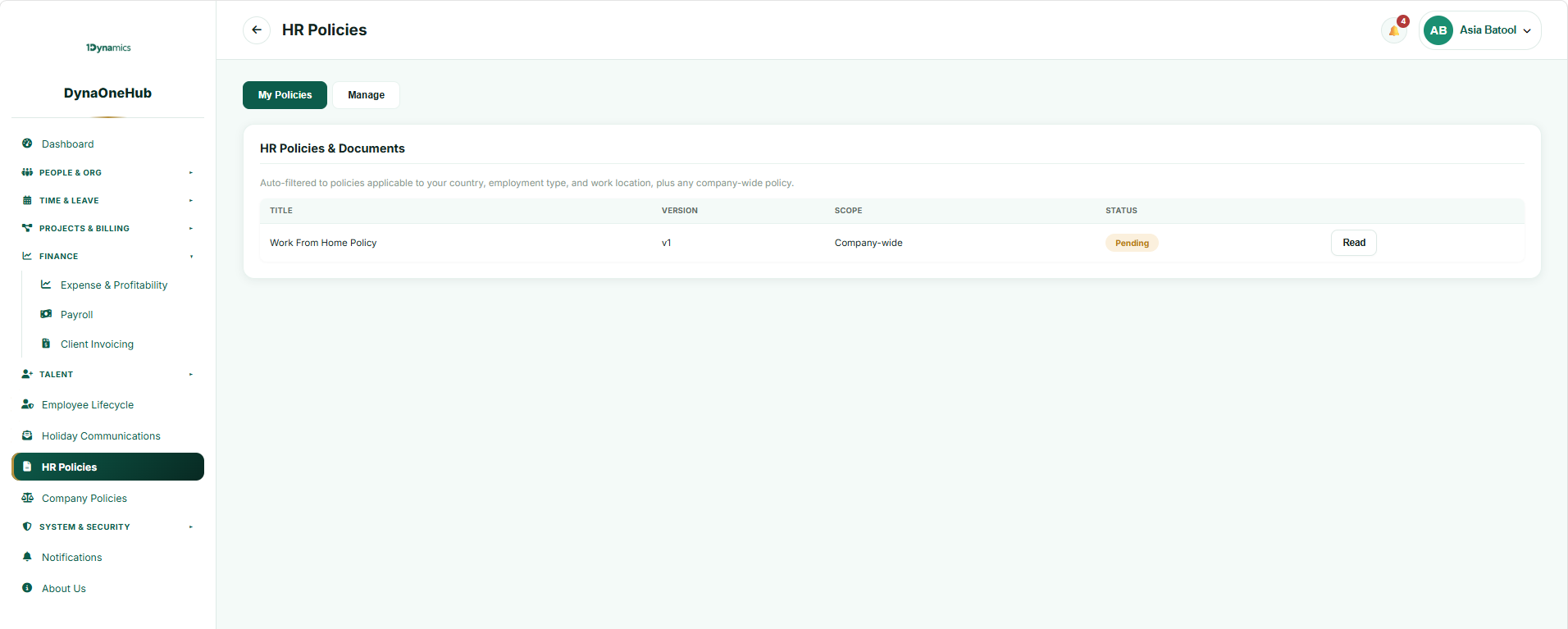 HR policies workspace showing policy scope, version and acknowledgement status