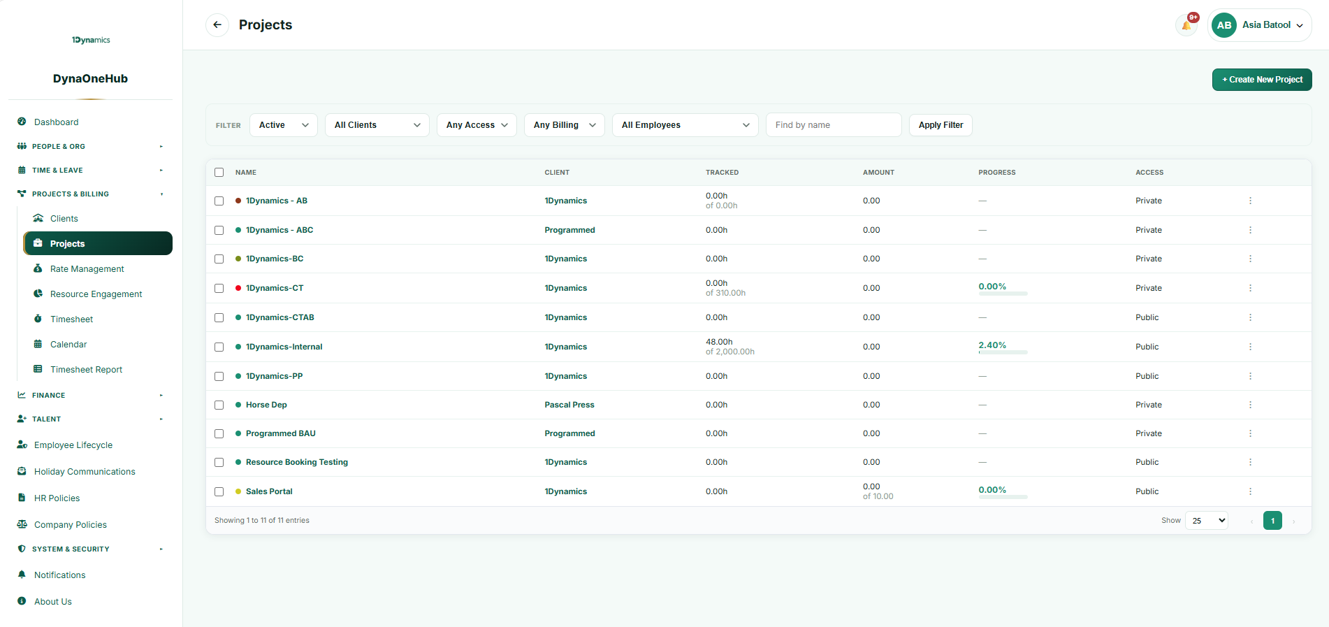 Projects workspace showing clients, tracked time, progress and access