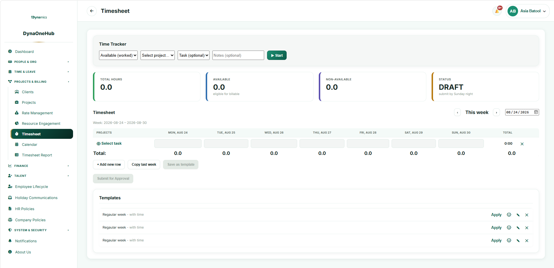 Timesheet workspace with time tracker, weekly entries and templates