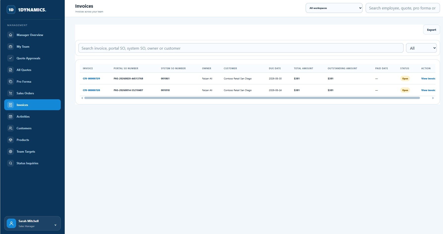 Invoices workspace showing related orders, due dates, amounts and payment status