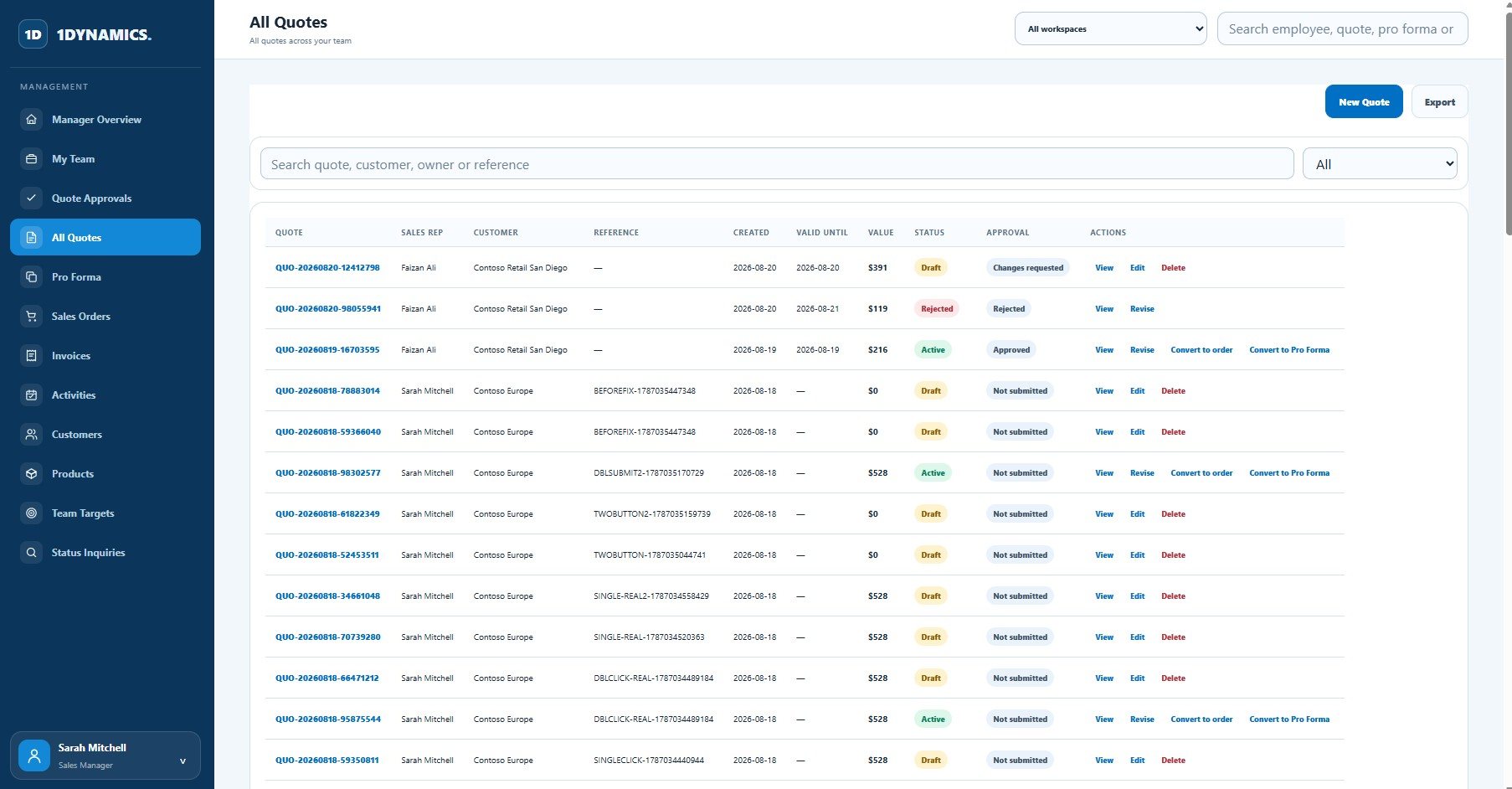 All Quotes workspace showing customer, value, status, approval and conversion actions