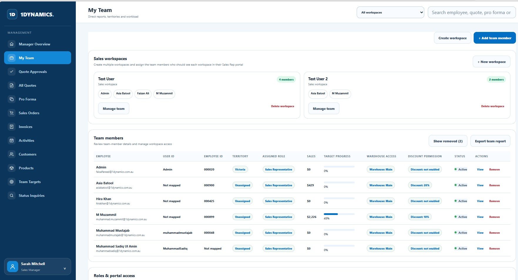 Sales Portal team workspace showing sales workspaces, members, permissions and target progress